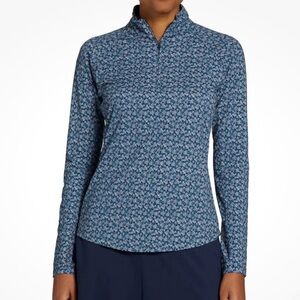New Walter Hagen Dogwood Ditsy Blue Floral Patterned Long Sleeve Quarter Zip